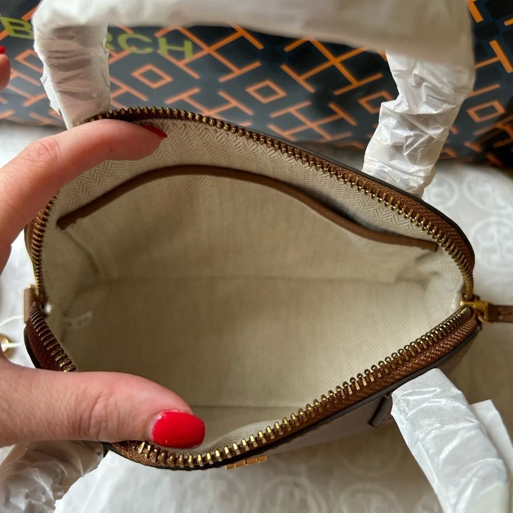 Tory Burch Emerson Dome Satchel Crossbody Bag Top Handle Moose Gold Tan